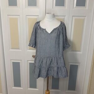 beach lunch lounge Striped Tiered V Neck Tunic Top Blue White Ruffle Sleeve XL